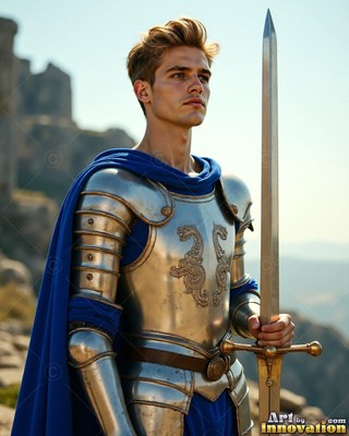 Young man dressed in steel armor and a bright cape colored blue has a sword in hand outdoors