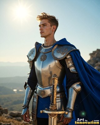 A young man in polished plate armor and a cape colored blue stands on a rocky hilltop in bright sunlight