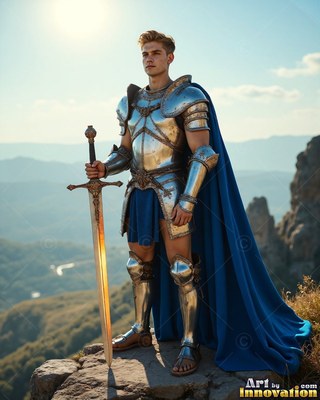 A young man in a suit of steel armor grasps a sword on a mountain peak in bright sunlight