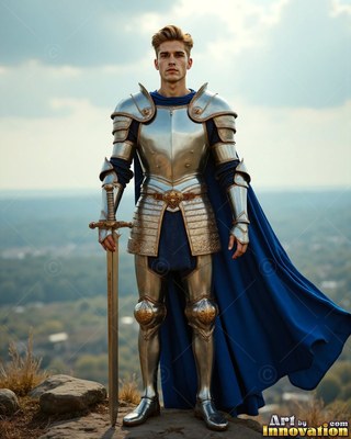 Standing straight on a hill, a young man grasps a sword in plate armor and a cape colored blue