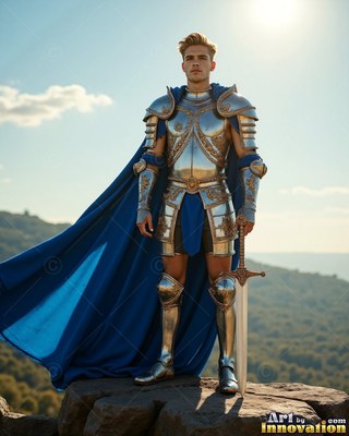 A man with blond hair in shiny silver armor plus a cape colored blue stands on rocks holding a sword