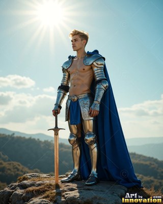 On a sunny hilltop, a shirtless young man in armor carries a sword by his side