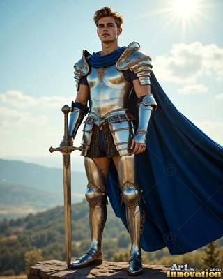 Standing on a rock, a young man holds a sword in armor of silver plus a blue cape