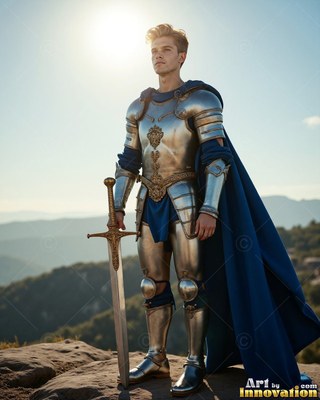 Young man in silver armor and blue cape holds a sword outdoors