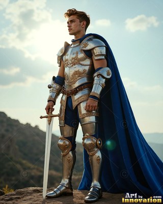 Silver plate armor shines on a young man standing on a rocky hill under a pale sky