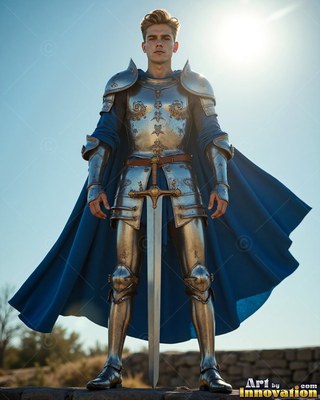 A young man stands in silver-plated armor resting on a sword, wearing a cape in blue under bright sunlight