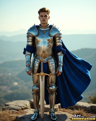 Standing tall on a rocky hilltop, a young man wears steel armor and a blue cape