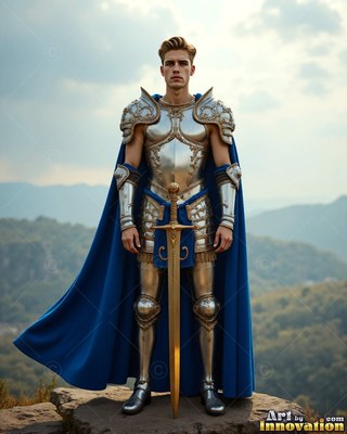 A young blond man dressed in silver armor and a cape colored blue holds a gold sword outdoors