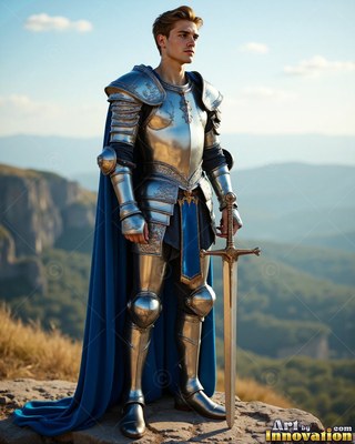 On a sunlit mountain, a young man stands in steel armor with a cape in blue and sword