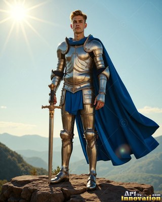 Standing on a rocky cliff under the bright sun, a yellow-haired man in silver plate armor rests on his sword