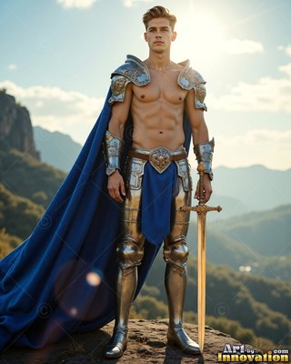 A shirtless man in armor and a blue cape has a sword in hand