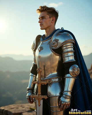 Polished steel armor shines on a blond young man standing on a sunny mountaintop cliff