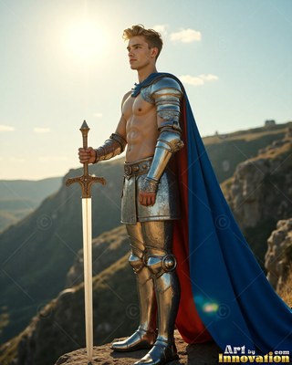 A young man in steel armor holds a sword on a cliff in bright sunlight