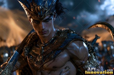 A young man in golden Egyptian armor looks forward in dark smoke