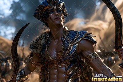 Wearing blue winged armor, a muscular man holds curved swords in a dusty battle
