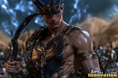 A warrior man raises a curved sword under cool blue light