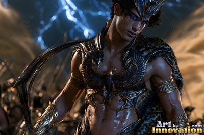 Standing in a storm, a young man wears winged armor beneath lightning