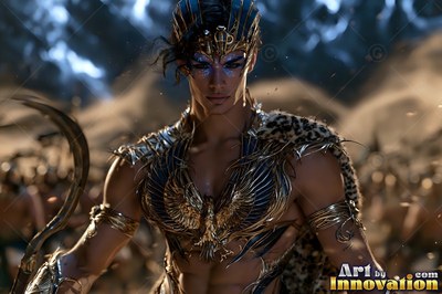 A young man is standing in gold armor with an eagle breastplate and a leopard cloak
