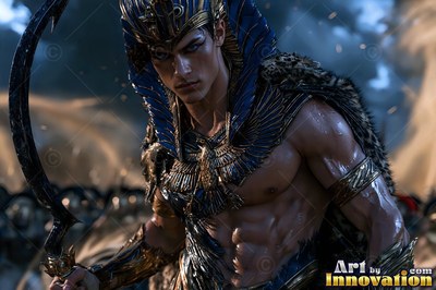 In a smoky desert, a toned man wears a blue royal pharaoh headdress and holds a curved sword