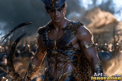 Holding curved blades, a man in gold armor and a leopard pelt stands before an army