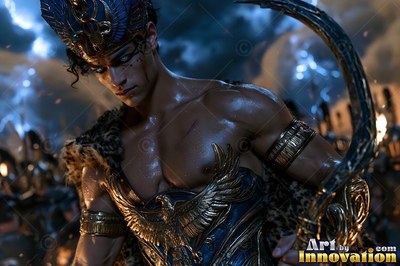 A toned man in a headdress holds a curved blade at night
