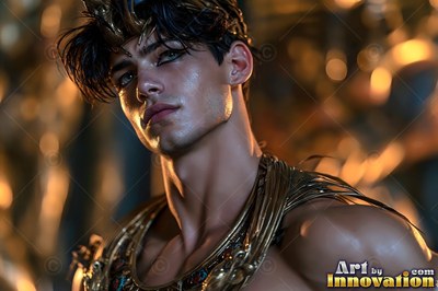Dark eyeliner marks the face of a young man wearing a gold collar in a warm, shadowed room