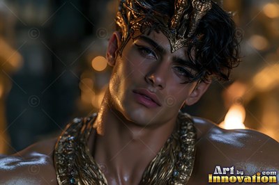A young man wearing a gold headpiece leans forward in soft, warm light