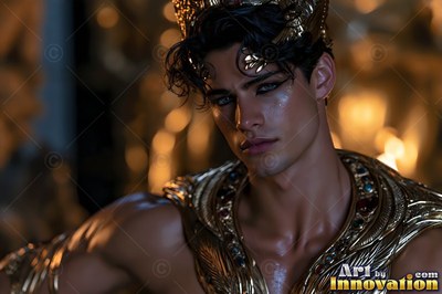 Reclining in a dim room, a man has on a gold crown and collar under warm lights