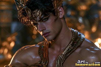 A muscular man with black eyeliner wears a gold crown in warm light