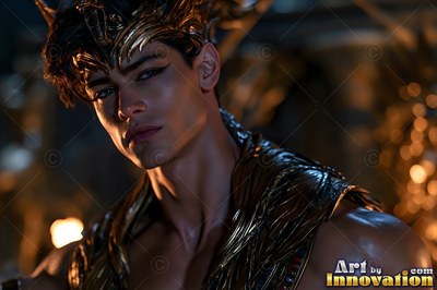 In dim firelight, a young man wears a dark yellow-gold headdress and black eyeliner