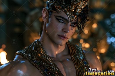 Looking forward, a muscular young man has on a gold cobra crown in warm light