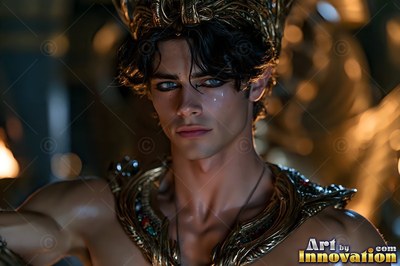 A young man with dark eyeliner wears a gold collar and crown