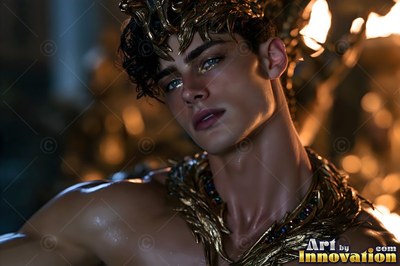 A gold crown sits on a young man with curly hair near warm firelight indoors