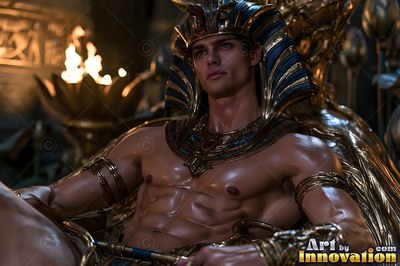 A muscular man in a blue and gold pharaoh headdress sits back on a throne lit by warm fire