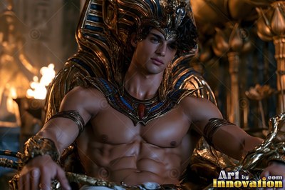 A muscular man in a gold traditional pharaoh headdress sits on a throne in warm torchlight