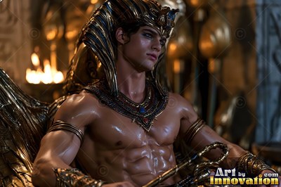In a dim stone hall, a shirtless young man has on a gold egyptian pharaoh headdress