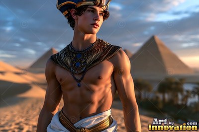Standing bare-chested in the desert dunes, a young man in a gold collar before pyramids