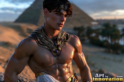 A muscular bare-chested man wearing a gold collar stands in the desert before pyramids