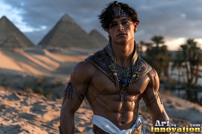 In the desert by pyramids, a shirtless man wears a blue pharaoh collar
