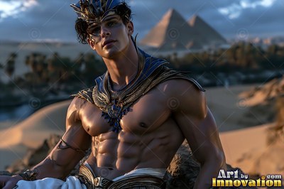Sitting in the desert sand, a toned man in a gold collar poses before pyramids