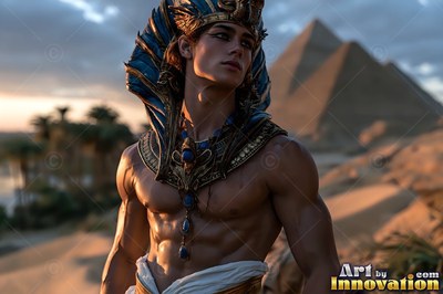 A young bare-chested man in a blue headdress before pyramids