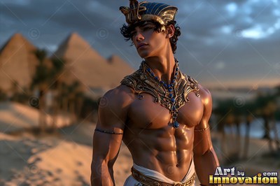 A gold collar sits on a muscular shirtless man before the Giza pyramids at dusk