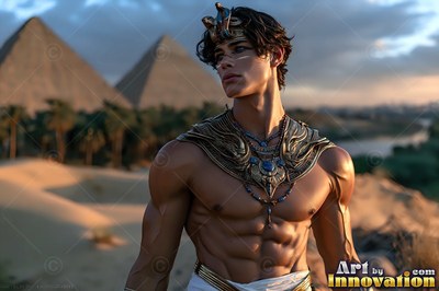 A young man is standing near pyramids under the warm sunset light