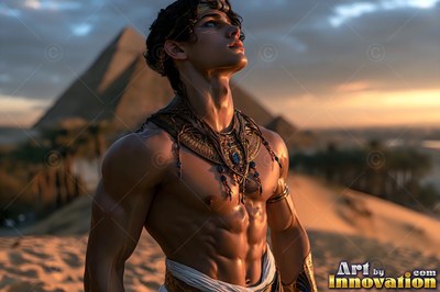 Looking upward in the desert, a shirtless young man is standing before a pyramid