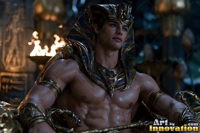 In a dark palace by firelight, a muscular young man sits wearing a yellow-gold headdress