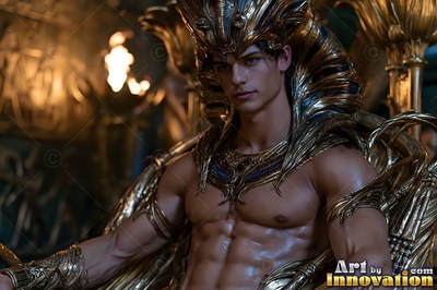 Sitting on a gold throne, a shirtless young man is in a tall royal pharaoh headdress