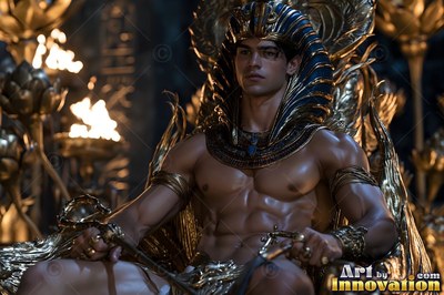 A striped blue nemes headdress covers the head of a seated athletic man on a gold throne