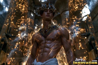 Muscular young man wearing a gold Egyptian crown inside a stone temple