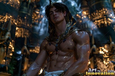 Wearing a golden headdress, a muscular shirtless man sits in a dark hall lit by warm lights