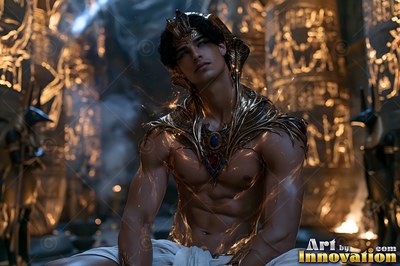 A shirtless young man in a yellow-gold headdress sits upright beside pillars in warm gold light